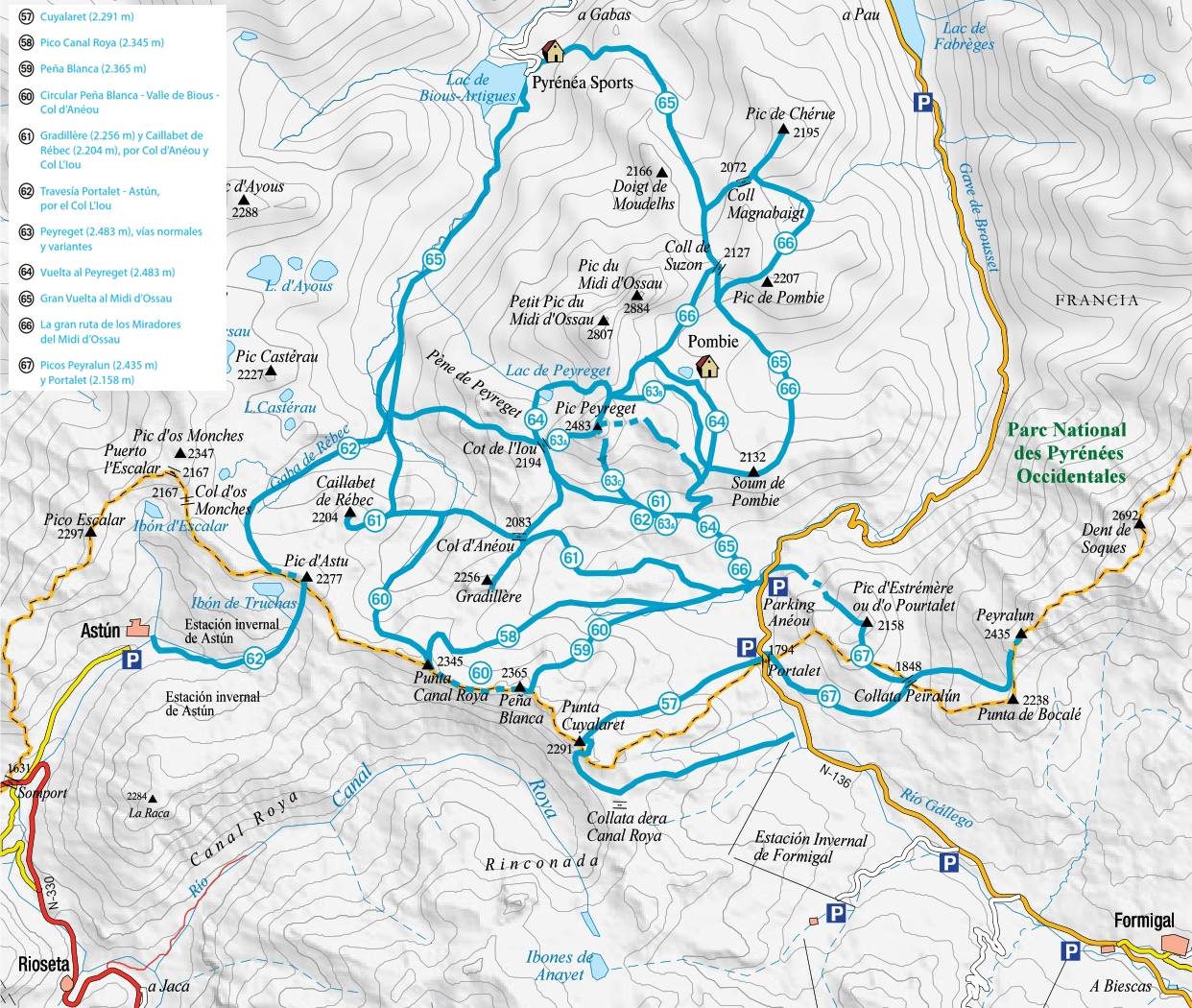 mapa Tena Portalet Midi dOssau
